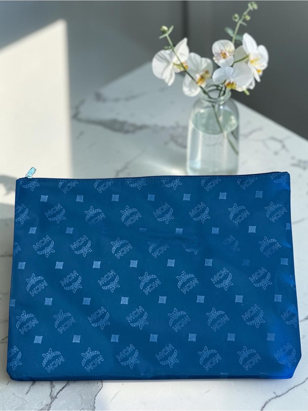 MCM Monogram Large Zip Nylon Pouch GWP Navy Blue